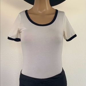 White Cap Sleeve with Black Pin-Stripe Body Suit